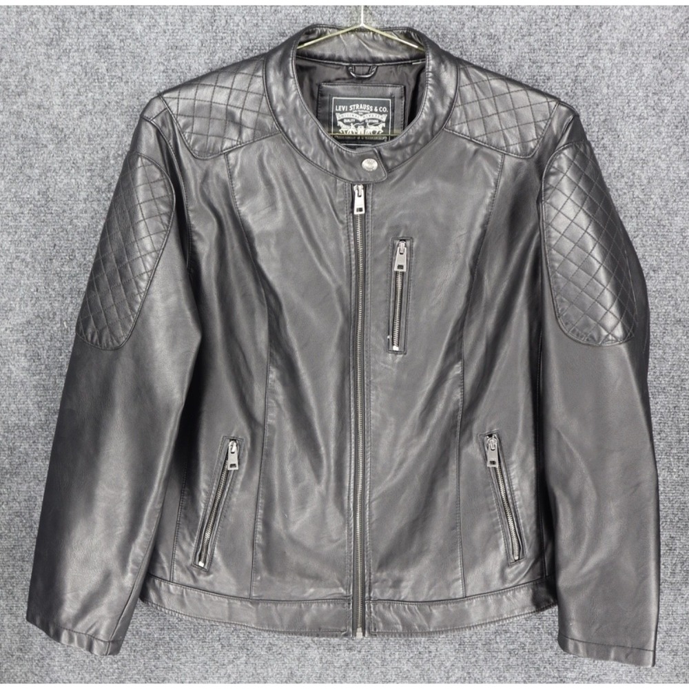 Levis Faux‎ Leather Jacket Women 1X Black Moto Patchwork Full Zip Riding Biker
